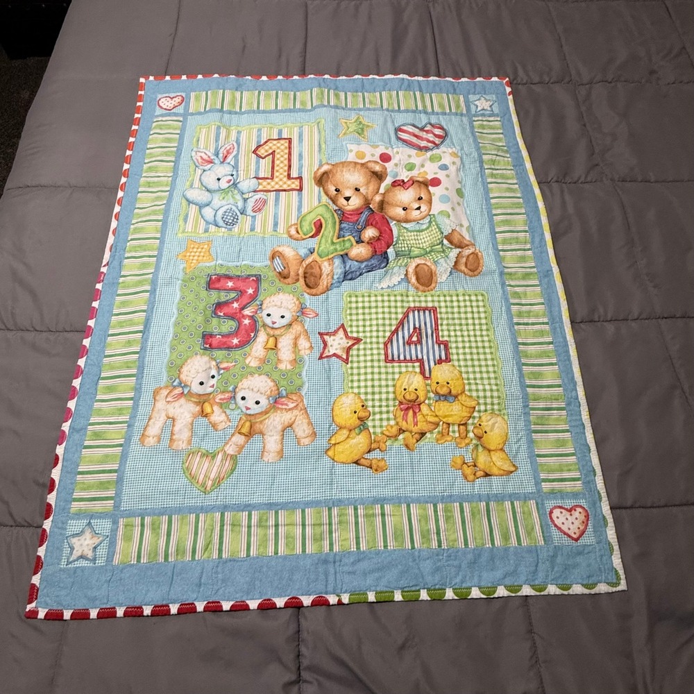 Vintage Daisy Kingdom Blue Jean Teddy Handmade Baby Quilt Butterfly Print 34x42